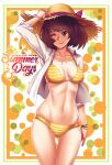  1girl belly bikini frilled_bikini frills hat kawakami_sadayo midriff persona persona_5 smile swimsuit urbatman yellow_bikini 