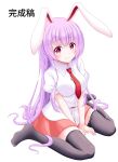  1girl absurdres animal_ears bangs belt black_legwear blush breasts carrot_pin collared_shirt commentary_request eyebrows_visible_through_hair hands_on_ground highres large_breasts long_hair looking_at_viewer miniskirt necktie pink_skirt purple_hair rabbit_ears red_belt red_eyes red_neckwear reimei_(r758120518) reisen_udongein_inaba shirt short_sleeves sidelocks simple_background sitting skirt smile solo thigh-highs touhou wariza white_background wing_collar 