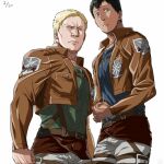  2boys bertolt_hoover black_hair blonde_hair chest_belt cropped_jacket dark-skinned_male dark_skin feet_out_of_frame green_shirt harness height_difference jacket large_pectorals leather leather_jacket looking_at_viewer male_focus multiple_boys muscular muscular_male pants paradis_military_uniform pectorals reiner_braun shingeki_no_kyojin shirt short_hair three-dimensional_maneuver_gear white_background white_pants zyunya 