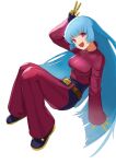  1girl :d bangs belt blue_hair bodysuit bodysuit_under_clothes cropped_jacket eyebrows_visible_through_hair flasso full_body jacket kula_diamond long_hair long_sleeves looking_at_viewer open_mouth red_eyes red_jacket smile solo teeth the_king_of_fighters upper_teeth very_long_hair white_background 