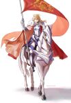  1girl 2021 absurdres ahoge armor artoria_pendragon_(fate) artoria_pendragon_(lancer)_(fate) barding blonde_hair breastplate dated dot818 earrings fate/grand_order fate_(series) flag full_body gauntlets hair_between_eyes highres holding holding_flag horse jewelry leg_armor looking_at_viewer riding simple_background sitting_on_animal solo thigh-highs white_background 