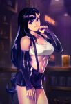  1girl artist_name bar bare_shoulders black_hair blurry blurry_background breasts commentary cowboy_shot crop_top cup detached_sleeves drinking_glass english_commentary final_fantasy final_fantasy_vii final_fantasy_vii_remake indoors large_breasts long_hair looking_at_viewer low-tied_long_hair midriff optionaltypo smile solo suspenders tank_top tifa_lockhart very_long_hair white_tank_top 