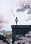  1other ambiguous_gender bangs cherry_blossoms day from_behind grey_shirt house long_arms long_sleeves monokubo original outdoors pants scenery shirt short_hair standing tree twitter_username 