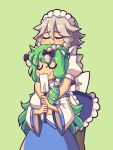  2girls apron back_bow bangs black_bow black_legwear blue_skirt blush_stickers bow braid breasts closed_eyes closed_mouth daigada detached_sleeves frog_hair_ornament gohei green_background green_hair grey_hair hair_bow hair_ornament highres holding hug hug_from_behind izayoi_sakuya kochiya_sanae large_breasts long_hair long_sleeves maid_headdress multiple_girls pantyhose puffy_short_sleeves puffy_sleeves shirt short_sleeves skirt smile snake_hair_ornament touhou twin_braids unconnected_marketeers white_shirt wide_sleeves 
