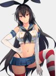  1girl black_hair black_neckwear black_panties blue_sailor_collar blue_skirt blush brown_eyes closed_mouth cosplay crop_top eyebrows_visible_through_hair gloves grey_background hair_between_eyes highleg highleg_panties highres kantai_collection kasumi_(skchkko) long_hair looking_at_viewer microskirt nagato_(kancolle) navel neckerchief panties pleated_skirt sailor_collar school_uniform serafuku shimakaze_(kancolle) shimakaze_(kancolle)_(cosplay) simple_background skirt sleeveless smile solo striped striped_legwear thigh-highs underwear white_gloves 