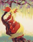  against_tree closed_mouth commentary_request day delphox full_body furry fusenryo head_rest highres looking_at_viewer outdoors pokemon pokemon_(creature) smile solo standing tree 