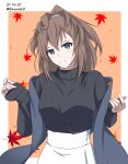  1girl alternate_costume black_sweater blue_eyes blue_scarf breasts brown_hair hachiware_(8ware63) highres kantai_collection long_hair long_sleeves medium_breasts messy_hair scarf sheffield_(kancolle) skirt solo sweater upper_body white_skirt 
