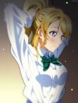 1girl absurdres adjusting_hair arms_up artist_name ayase_eli blonde_hair blue_eyes blush bow bowtie breasts closed_mouth commentary_request green_neckwear highres isami_don long_hair long_sleeves love_live! love_live!_school_idol_project medium_breasts otonokizaka_school_uniform ponytail school_uniform shirt solo striped striped_neckwear upper_body white_shirt 