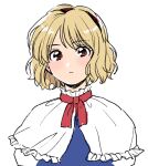  1girl alice_margatroid bangs blonde_hair blue_vest capelet closed_mouth discowars eyebrows_visible_through_hair hairband looking_at_viewer red_eyes red_ribbon ribbon short_hair simple_background solo touhou upper_body vest white_background white_capelet 