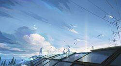  1boy 1girl bird black_hair building clouds commentary crescent_moon dress highres ladder lens_flare medium_hair moon morncolour on_roof original pants power_lines scenery shirt short_hair short_sleeves sitting sky standing sunrise tree utility_pole white_dress white_hair white_shirt 