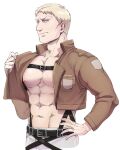  1boy abs bare_pectorals blonde_hair chest_belt cropped_jacket cropped_legs harness jacket leather leather_jacket looking_at_viewer male_focus muscular muscular_male nene_(10575936) nipples no_shirt open_clothes open_jacket pants paradis_military_uniform pectorals reiner_braun seductive_smile shingeki_no_kyojin short_hair smile solo white_background white_pants 
