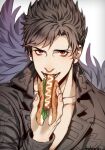  1boy anderain belial_(granblue_fantasy) black_hair black_jacket eating feather_boa food granblue_fantasy highres hot_dog jacket looking_at_viewer male_focus pectoral_cleavage pectorals sausage sexually_suggestive short_hair smile solo spiky_hair toned toned_male 