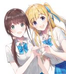  2girls :d bangs blonde_hair blue_bow blue_eyes blue_neckwear blue_ribbon blue_skirt blush bobujirou bow bowtie breast_pocket breasts brown_hair chitose-kun_wa_ramune_bin_no_naka collared_shirt dutch_angle earrings eyebrows_visible_through_hair fingernails green_eyes hair_ornament hair_over_shoulder hair_ribbon hair_scrunchie heart heart_hands heart_hands_duo highres hiiragi_yuuko jewelry long_hair looking_at_viewer loose_bowtie low_ponytail medium_breasts multiple_girls official_art one_side_up open_mouth plaid plaid_skirt pleated_skirt pocket ponytail ribbon school_uniform scrunchie second-party_source shirt shirt_tucked_in short_sleeves simple_background skirt smile striped striped_bow striped_neckwear stud_earrings summer_uniform uchida_yua upper_body weee_(raemz) white_background white_shirt wing_collar 