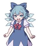  1girl absurdres angry blue_dress blue_eyes blue_hair blush_stickers cirno collared_shirt dress flat_chest highres ice ice_wings kame_(kamepan44231) long_dress neck_ribbon open_mouth pinafore_dress puffy_short_sleeves puffy_sleeves red_neckwear ribbon shirt short_hair short_sleeves simple_background solo touhou v-shaped_eyebrows white_background white_shirt wings 