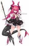  1girl asymmetrical_horns blue_eyes boots breasts corset curled_horns detached_sleeves dragon_girl dragon_horns dragon_tail elizabeth_bathory_(fate) elizabeth_bathory_(fate)_(all) elizabeth_bathory_(fate/extra_ccc) fate/extra fate/extra_ccc fate_(series) finger_cots full_body highres holding holding_polearm holding_weapon horns karukan_(monjya) long_hair pink_hair pointy_ears polearm sarkany_csont_landzsa small_breasts solo spiked_boots spiked_footwear standing tail weapon white_footwear 