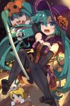  1girl alternate_costume aqua_eyes aqua_hair black_legwear cape commentary elbow_gloves ghost gloves halloween hat hatsune_miku highres jack-o&#039;-lantern jack-o&#039;-lantern_hat_ornament kagamine_rin long_hair moon night no_shoes open_mouth outdoors skirt sleeveless solo spring_onion thigh-highs tongue tongue_out twintails very_long_hair vocaloid witch_hat yukichi_(yu-ame) 