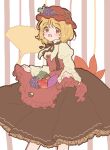  1girl aki_minoriko apple apron apron_basket apron_hold autumn_leaves bangs black_ribbon black_skirt blonde_hair brown_ribbon brown_skirt chestnut dot_nose eyebrows_visible_through_hair feet_out_of_frame food frilled_apron frilled_skirt frills fruit fruit_hat_ornament ginkgo_leaf grapes hat holding holding_food holding_fruit juliet_sleeves light_blush long_skirt long_sleeves looking_at_viewer mob_cap neck_ribbon one-hour_drawing_challenge open_mouth orange_eyes puffy_sleeves red_apron red_eyes red_headwear ribbon sakurasaka shirt short_hair skirt solo striped striped_background sweet_potato touhou wide_sleeves yellow_shirt 