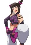  1girl abs baggy_pants bangs belt black_hair blunt_bangs chinese_clothes detached_sleeves drill_hair dudou fangs flasso han_juri highres looking_at_viewer nail_polish open_mouth pants short_hair solo street_fighter street_fighter_iv_(series) tongue tongue_out violet_eyes white_background white_pants 