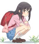  1girl backpack bag black_hair blue_skirt blush brown_eyes brown_footwear brown_hair grass highres ichijou_hotaru jacket long_hair looking_at_viewer non_non_biyori pink_jacket randoseru shirt shoes simple_background sincos skirt smile socks solo squatting white_background white_legwear white_shirt 