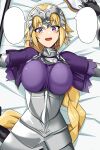  :d armor blonde_hair braid breasts doko_tetora fate/apocrypha fate_(series) faulds gauntlets hands_up jeanne_d&#039;arc_(fate) jeanne_d&#039;arc_(fate/apocrypha) large_breasts long_hair looking_at_viewer lying on_back short_sleeves single_braid smile textless violet_eyes 