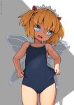  1girl blue_eyes blue_swimsuit brown_hair clothes_pull covered_navel fairy fairy_wings huxiao_(mistlakefront) one-piece_swimsuit open_mouth pulled_by_self ribbon school_swimsuit short_hair solo sunny_milk swimsuit swimsuit_pull thighs touhou two_side_up wings 