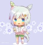  1girl :d animal_ears bangs blue_background blue_eyes chibi commentary_request eyebrows_visible_through_hair flower full_body fur-trimmed_footwear green_sailor_collar green_shorts grey_hair hair_between_eyes hair_flower hair_ornament hairclip horse_ears horse_girl horse_tail kou_hiyoyo looking_at_viewer sailor_collar seiun_sky_(umamusume) shirt short_shorts short_sleeves shorts single_thighhigh smile solo standing tail thigh-highs twitter_username umamusume white_footwear white_legwear white_shirt wide_sleeves yellow_flower 