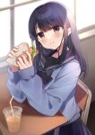  1girl :t bendy_straw black_bow black_hair black_sailor_collar black_skirt blue_sweater blurry blurry_background blush bow brown_eyes chair closed_mouth commentary_request cup depth_of_field desk disposable_cup drinking_straw eating food highres holding holding_food long_hair long_sleeves looking_at_viewer minami_saki on_chair original pleated_skirt puffy_long_sleeves puffy_sleeves sailor_collar sandwich school_chair school_desk school_uniform serafuku sitting skirt sleeves_past_wrists solo sweater wavy_mouth window 