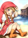 1girl blonde_hair blue_eyes bracelet braid dragon_quest dragon_quest_xi dress e10 earrings hair_over_shoulder hat jewelry long_hair looking_at_viewer no_shoes open_mouth panties red_headwear socks solo sweat twin_braids underwear veronica_(dq11)