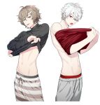  2boys absurdres bangs black_clothes briefs brown_hair clothes_lift ear_piercing earrings eyebrows_visible_through_hair hair_between_eyes hair_ornament highres jacket jewelry kanae_(nijisanji) kuzuha_(nijisanji) long_hair long_sleeves looking_at_viewer male_focus male_underwear mole multiple_boys muscular navel nijisanji open_clothes open_mouth open_shirt pants piercing pointy_ears red_eyes shirt_lift shorts sweater tongue tongue_out underwear virtual_youtuber waniguchi white_background 