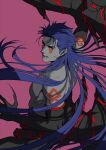  1boy alternate_hairstyle biceps black_gloves blue_hair bodypaint claws closed_mouth cu_chulainn_(fate) cu_chulainn_alter_(fate/grand_order) dark_blue_hair dark_persona earrings eilinna elbow_gloves english_commentary facepaint fate/grand_order fate_(series) floating_hair from_side gloves hair_down jewelry long_hair looking_at_viewer male_focus monster_boy muscular muscular_male pectorals red_eyes simple_background skin_tight slit_pupils solo spikes spiky_hair tail topless_male 