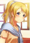  1girl ayase_eli bangs blonde_hair blue_eyes blush breasts commentary long_hair looking_at_viewer love_live! love_live!_school_idol_project medium_breasts portrait scarf scrunchie shiny shiny_hair short_sleeves sidelocks solo supra_is_black_(altea) white_scrunchie window 