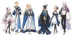  2boys 4girls ahoge arthur_pendragon_(fate) artoria_pendragon_(fate) artoria_pendragon_(lancer)_(fate) blonde_hair breasts detached_sleeves dress eyebrows_visible_through_hair fate/grand_order fate_(series) flower formal full_body gloves hair_between_eyes hair_flower hair_ornament hat high_heels highres large_breasts lindanyunyu long_hair long_sleeves looking_at_viewer merlin_(fate) merlin_(fate/prototype) morgan_le_fay_(fate) multiple_boys multiple_girls pantyhose ponytail saber simple_background standing suit thigh-highs veil very_long_hair white_background white_hair 