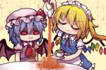  2girls alternate_costume apron ascot bat_wings blonde_hair closed_eyes crystal cup dress enmaided failure flandre_scarlet frilled_shirt_collar frilled_skirt frills frown grumpy hat hat_ribbon light_purple_hair maid maid_apron maid_headdress mob_cap multiple_girls pink_dress pink_headwear pout puffy_short_sleeves puffy_sleeves red_eyes red_neckwear red_ribbon remilia_scarlet ribbon saucer short_hair short_sleeves siblings side_ponytail sidelocks sisters skirt smile solid_oval_eyes spilling table tablecloth teacup teapot touhou unime_seaflower wings 
