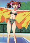  1990s_(style) asahina_yurina bangs bikini breasts closed_eyes covered_nipples day facing_viewer feet_out_of_frame hair_ribbon halter_top halterneck highres holding holding_towel long_hair medium_breasts navel official_art open_mouth outdoors outstretched_arms plaid plaid_bikini pool pool_ladder redhead retro_artstyle ribbon scan spread_arms standing super_real_mahjong swimsuit tanaka_ryou towel twintails 