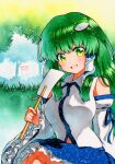  1girl :d bangs bare_shoulders blue_ribbon blue_skirt breasts detached_sleeves eyebrows_visible_through_hair frilled_skirt frills frog_hair_ornament gohei green_background green_hair green_theme hair_ornament hair_tubes holding holding_stick kochiya_sanae long_hair looking_at_viewer medium_breasts open_mouth outdoors qqqrinkappp ribbon shirt skirt sleeveless sleeveless_shirt smile snake_hair_ornament solo stick torii touhou traditional_media wide_sleeves 