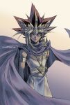  1boy armlet atem big_hair black_hair blonde_hair bright_pupils cape closed_mouth commentary_request ear_piercing earrings floating_cape highres jewelry looking_at_viewer male_focus millennium_puzzle piercing purple_cape solo soya_(sys_ygo) spiky_hair twitter_username violet_eyes white_pupils yu-gi-oh! yu-gi-oh!_duel_monsters 
