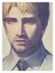  1boy anderain bangs blonde_hair border collared_shirt face facial_hair formal goatee lips looking_to_the_side male_focus necktie one_eye_covered portrait reiner_braun shingeki_no_kyojin shirt short_hair solo white_border yellow_eyes 