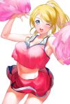  1girl a1 ayase_eli blonde_hair blue_eyes blush breasts cheerleader crop_top crop_top_overhang holding holding_pom_poms large_breasts long_hair looking_at_viewer love_live! love_live!_school_idol_project midriff one_eye_closed open_mouth pom_pom_(cheerleading) ponytail scrunchie shirt simple_background skirt sleeveless sleeveless_shirt smile solo standing white_background white_scrunchie 