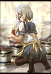  1girl apron black_legwear blue_eyes blue_sailor_collar blue_skirt blush commentary_request eyebrows_visible_through_hair fish full_body grilling hair_ornament hair_over_one_eye hairclip hamakaze_(kancolle) hand_fan highres holding kantai_collection kappougi one-hour_drawing_challenge open_mouth pleated_skirt sailor_collar school_uniform seitei_(04seitei) shirt short_hair silver_hair skirt solo thigh-highs twitter_username uniform white_shirt yellow_apron 