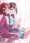  absurdres black_hair blue_eyes bob_cut closed_eyes hair_ornament hairclip highres hug hug_from_behind itaro kiss kissing_cheek long_hair on_bed pajamas redhead short_hair sitting smile tougou_mimori yuri yuuki_yuuna yuuki_yuuna_wa_yuusha_de_aru yuusha_de_aru 