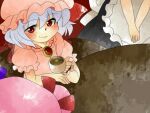  3girls apron bat_wings cup from_behind gem hammer_(sunset_beach) hat izayoi_sakuya maid_apron mob_cap multiple_girls out_of_frame patchouli_knowledge pink_headwear puffy_short_sleeves puffy_sleeves red_eyes remilia_scarlet short_sleeves smile table tea teacup touhou wings 