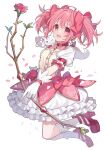  1girl bangs bow bow_(weapon) breasts bubble_skirt buttons chiri_(ch!) choker dress flower flower_ornament gloves holding holding_weapon kaname_madoka kneehighs kyubey magical_girl mahou_shoujo_madoka_magica petals pink_eyes pink_hair puffy_short_sleeves puffy_sleeves rose short_hair short_sleeves short_twintails skirt small_breasts twintails weapon white_background white_dress white_gloves white_legwear 
