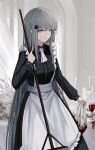  1girl amamizu_shizuku apron bangs blue_hair closed_mouth commentary_request crossed_bangs cup drinking_glass eyebrows_visible_through_hair feet_out_of_frame girls_frontline glass green_eyes highres hk416_(girls&#039;_frontline) holding holding_mop long_hair looking_at_viewer maid maid_apron mop simple_background solo standing table teardrop_facial_mark teardrop_tattoo wine_glass 