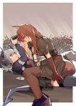  2girls animal_ears arknights bangs brown_hair chinese_commentary dragon_girl dragon_horns dragon_tail elbow_gloves fox_ears fox_girl franka_(arknights) girl_on_top gloves gun horns jacket jiugong09064 liskarm_(arknights) long_hair lying multiple_girls on_back orange_eyes silver_hair tail thigh-highs weapon yuri 