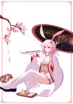  1girl absurdres alcohol animal_ears bangs branch cherry_blossoms cup dress drinking_glass flip-flops fox_ears full_body goblet hair_between_eyes hair_ornament highres holding holding_umbrella honkai_(series) honkai_impact_3rd japanese_clothes kimono kiseru long_sleeves mochimochi_qwq oil-paper_umbrella petals pink_hair pipe sandals simple_background sitting smoking solo tray umbrella violet_eyes wedding_dress white_background white_kimono white_legwear wind_chime wine wine_glass yae_sakura yae_sakura_(gyakushinn_miko) 