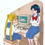  2girls :o animated animated_gif bishoujo_senshi_sailor_moon black_hair blonde_hair blue_eyes blue_screen_of_death blue_skirt bow commentary computer crossed_arms desk disappointed drawfag error_message indoors keyboard_(computer) looking_at_another mizuno_ami mouse_(computer) multiple_girls on_desk red_bow school_uniform serafuku short_hair sitting sketch skirt tsukino_usagi twintails typing 