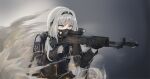  1girl an-94 an-94_(girls&#039;_frontline) armband assault_rifle black_gloves blue_eyes clov3r gas_mask girls_frontline gloves gun hairband highres holding holding_gun holding_weapon kalashnikov_rifle long_sleeves mask rifle scope silver_hair solo tactical_clothes weapon 
