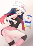  absurdres artist_request ass beanie black_legwear black_shirt blue_eyes blue_hair boots hat highres hikari_(pokemon) kneehighs miniskirt no_panties pink_footwear pink_skirt piplup poke_ball pokemon red_scarf scarf shirt skirt 