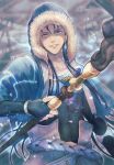  1boy belt blue_hair bracelet capelet closed_mouth collarbone covered_abs cu_chulainn_(caster)_(fate) cu_chulainn_(fate) cu_chulainn_(fate/stay_night) earrings fate/grand_order fate_(series) floating_hair fur-trimmed_hood fur_trim highres holding holding_staff hood hood_up hooded_capelet jewelry long_hair looking_at_viewer male_focus red_eyes shiny skin_tight snow solo staff twitter_username wooden_staff yaguremaru 