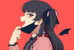  1girl bandages bangs black_hair black_ribbon commentary eyebrows_visible_through_hair fangs from_side hair_ribbon heart heart_tattoo idolmaster idolmaster_shiny_colors kamille_(vcx68) long_hair long_sleeves looking_at_viewer mask mask_pull mayuzumi_fuyuko mouth_mask neck_ribbon open_mouth pink_shirt red_background ribbon shirt sideways_glance simple_background solo tattoo teeth tongue unmoving_pattern upper_body upper_teeth vampire_(vocaloid) watch watch wings 